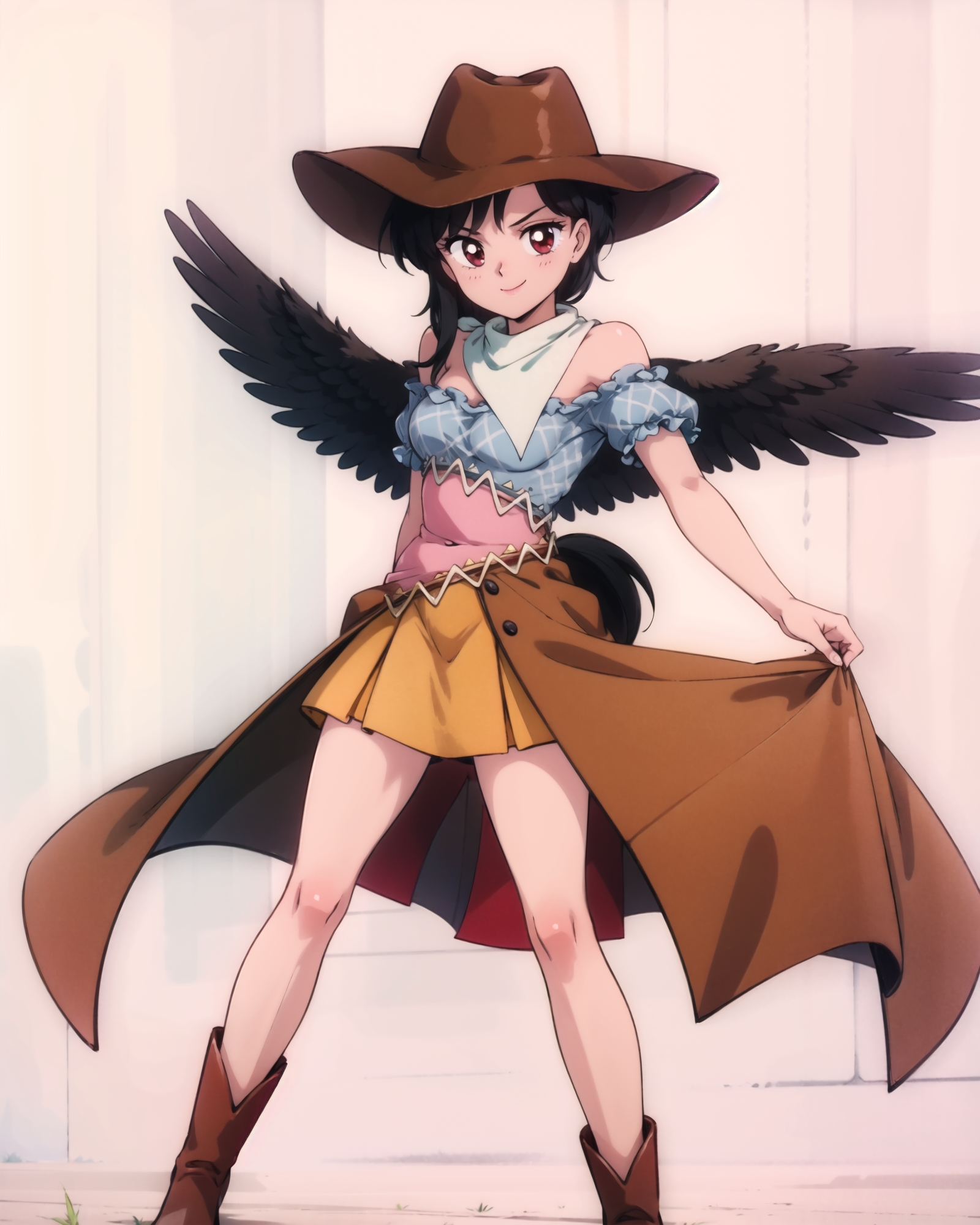01028-818739935-, full body, solo, 1girl, kurokoma saki, smile, looking at viewer, cowboy hat, cowboy boots, brown footwear, horse_tail, thighs,.png